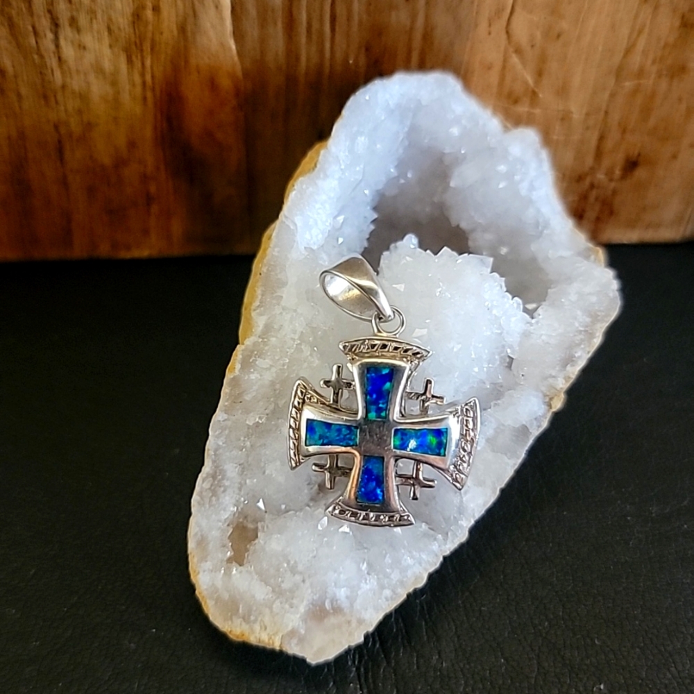 Solid Sterling Silver Jerusalem Cross Pendant Inl… - image 2